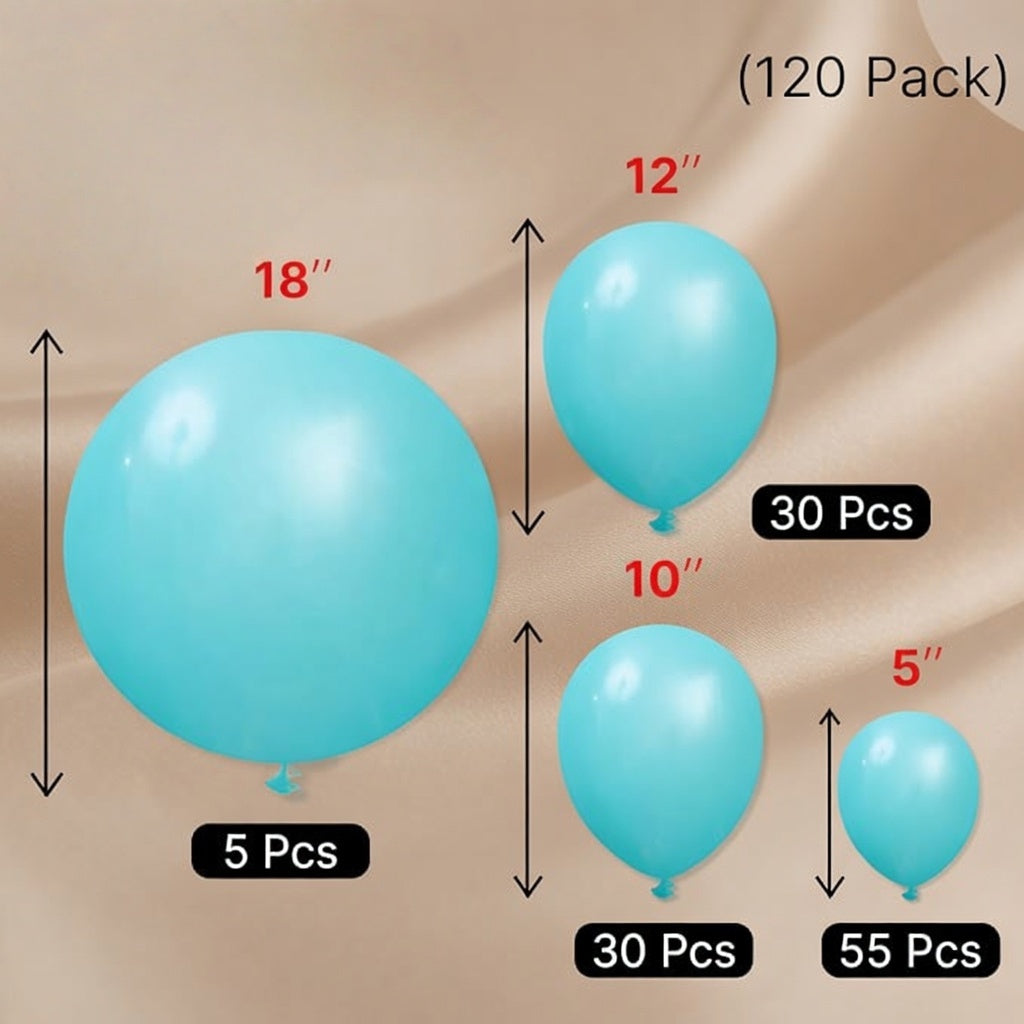 120 different sizes of blue-green balloons, 18-inch, 12-inch, 10-inch and 5-inch combination packs, suitable for baby showers, graduation ceremonies, mermaid-themed birthday parties, pool parties and other decorations. Vatoyum Balloons