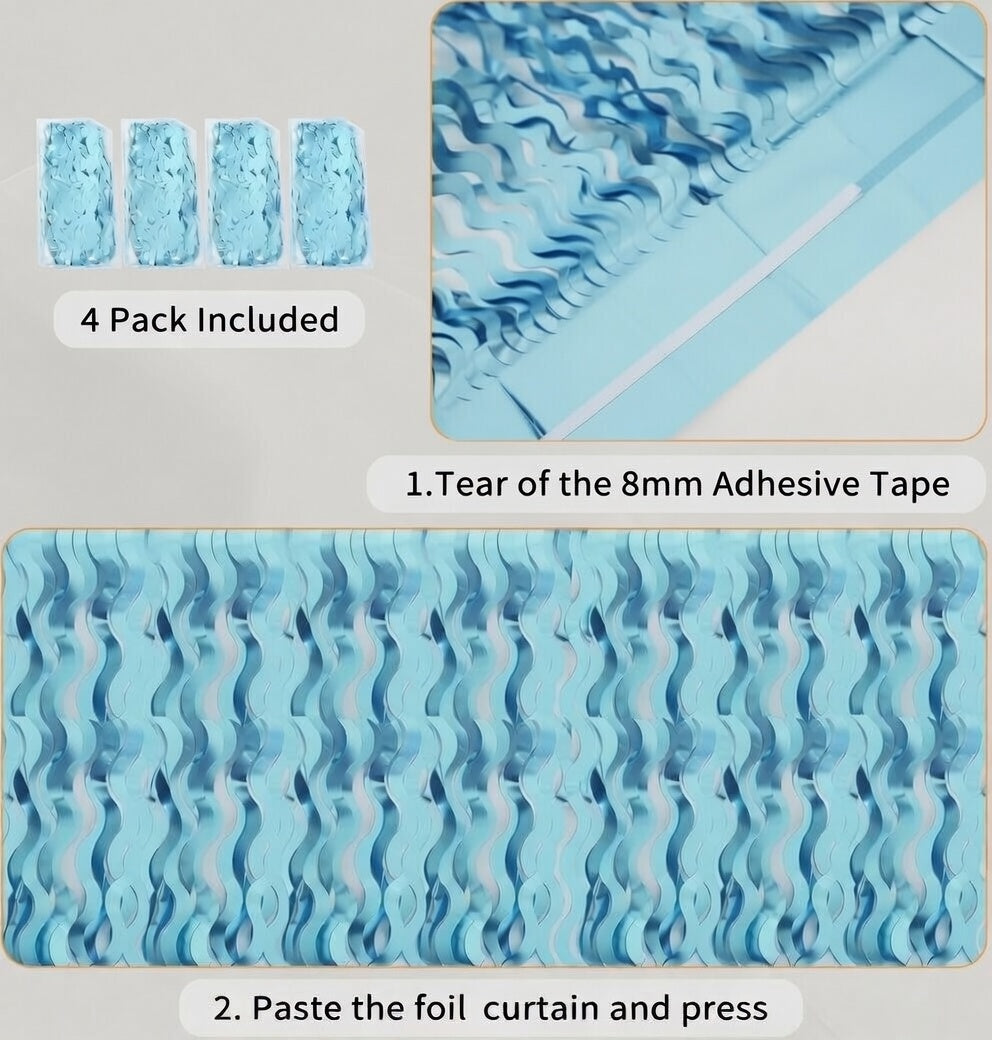 4 Pack Wavy Blue Foil Fringe Curtain 3.3x6.6 Feet | Blue Streamers Tinsel Backdrop for Under The Sea Party Decorations | Ocean Backdrop | Mermaid Birthday Decorations Vatoyum Balloons