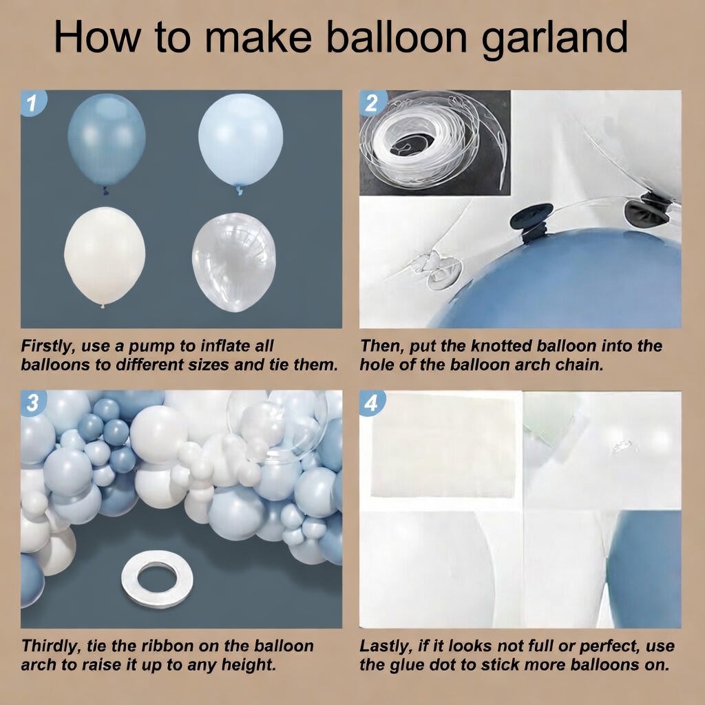 Light Blue Balloon Arch Set (126 Pieces): A light blue and white balloon arch and wreath set including macaron balloons, suitable for weddings, birthdays, baby showers, parties, and bridal decorations. Vatoyum Balloons