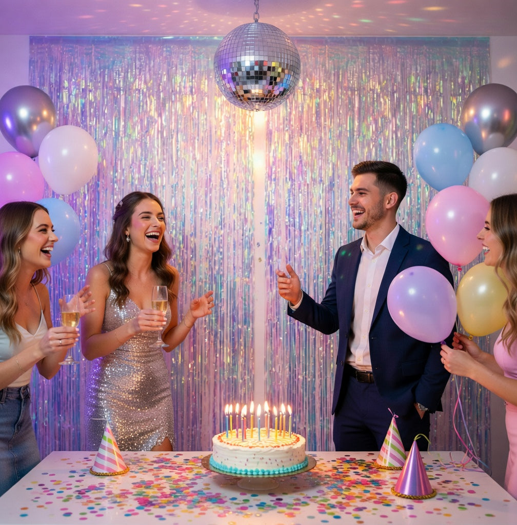Iridescent Party Streamers Backdrop -  Neon Transparent Holographic Tinsel Foil Fringe Curtain for Mermaid/Frozen/Sea/Euphoria/ERAS Party Theme Decorations 3.2ft x 6.5ft 2 PCS Vatoyum Balloons
