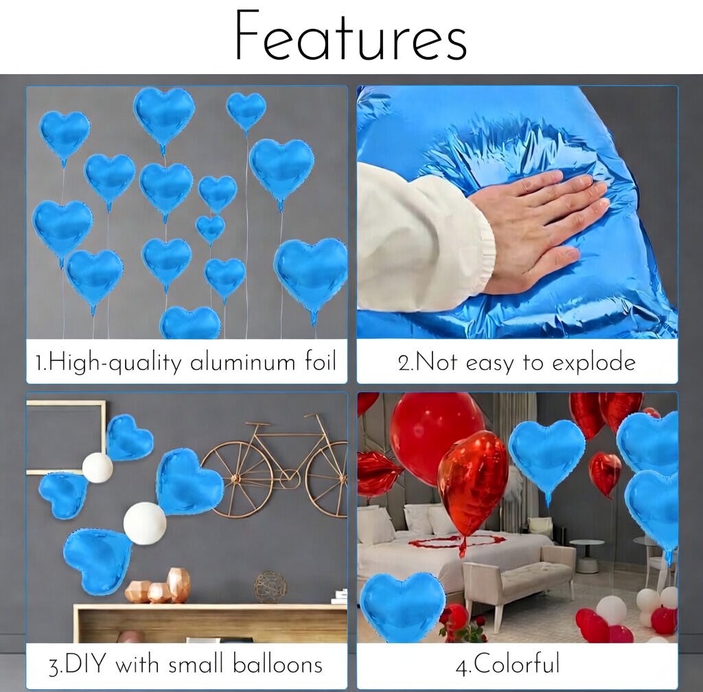 Blue Foil Heart Balloons, 10PCS 18inch Love Shape for Helium Birthday Party Decorations, Boys Men, Baby Shower, Valentines, Wedding, Anniversary Vatoyum Balloons