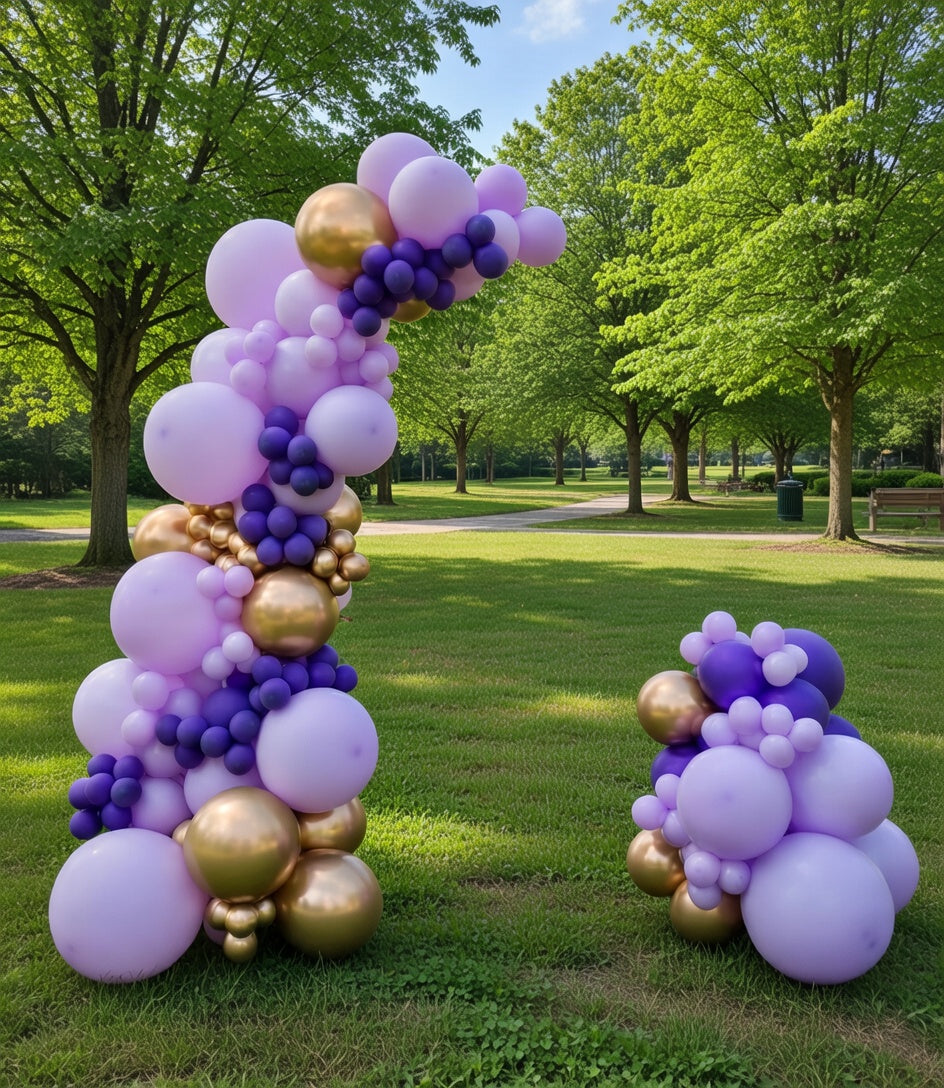 This grey-purple maca and purple-gold balloon arch decoration set contains 146 latex balloons of different sizes (18, 12, 10, and 5 inches) and is suitable for party decorations, birthdays, weddings, engagements, and anniversaries. Vatoyum Balloons