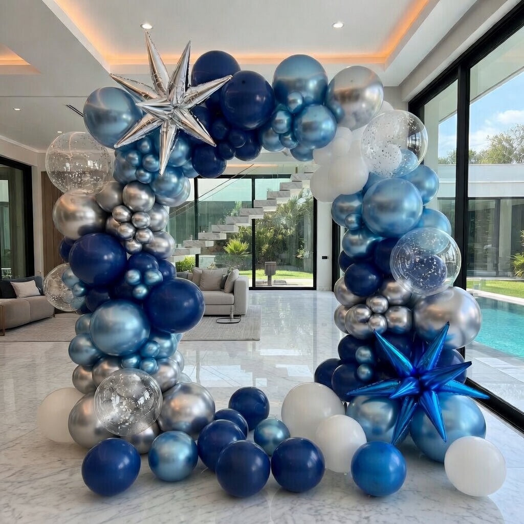 Blue, white, and silver balloon arch set, containing 140 navy blue, light metallic blue, and silver confetti balloons with star patterns. Suitable for birthday parties, weddings, baby showers, graduations, and party decorations. Vatoyum Balloons