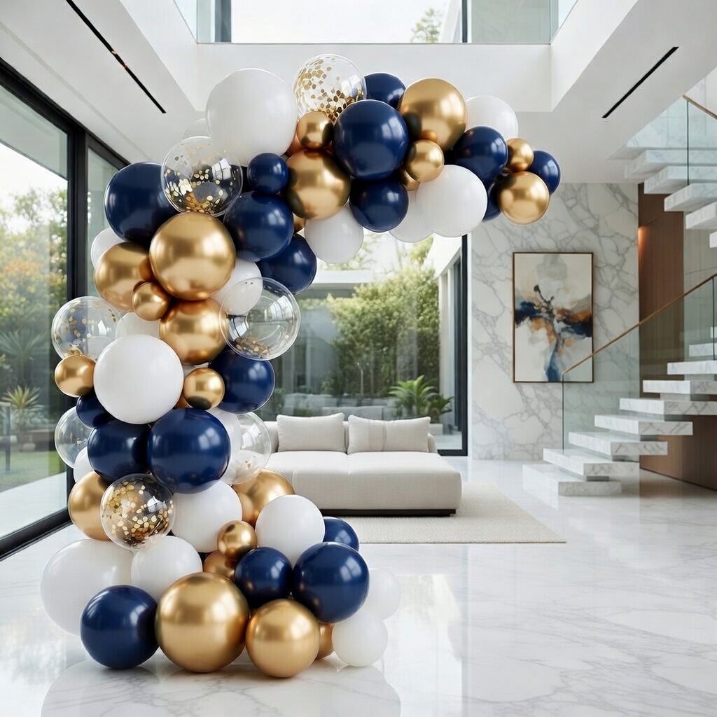Navy Blue and Gold Balloon Wreath Set, containing 120 navy blue and gold sequined white balloons, perfect for creating DIY decorative arches for graduation ceremonies, birthday parties, baby showers, and more. Vatoyum Balloons