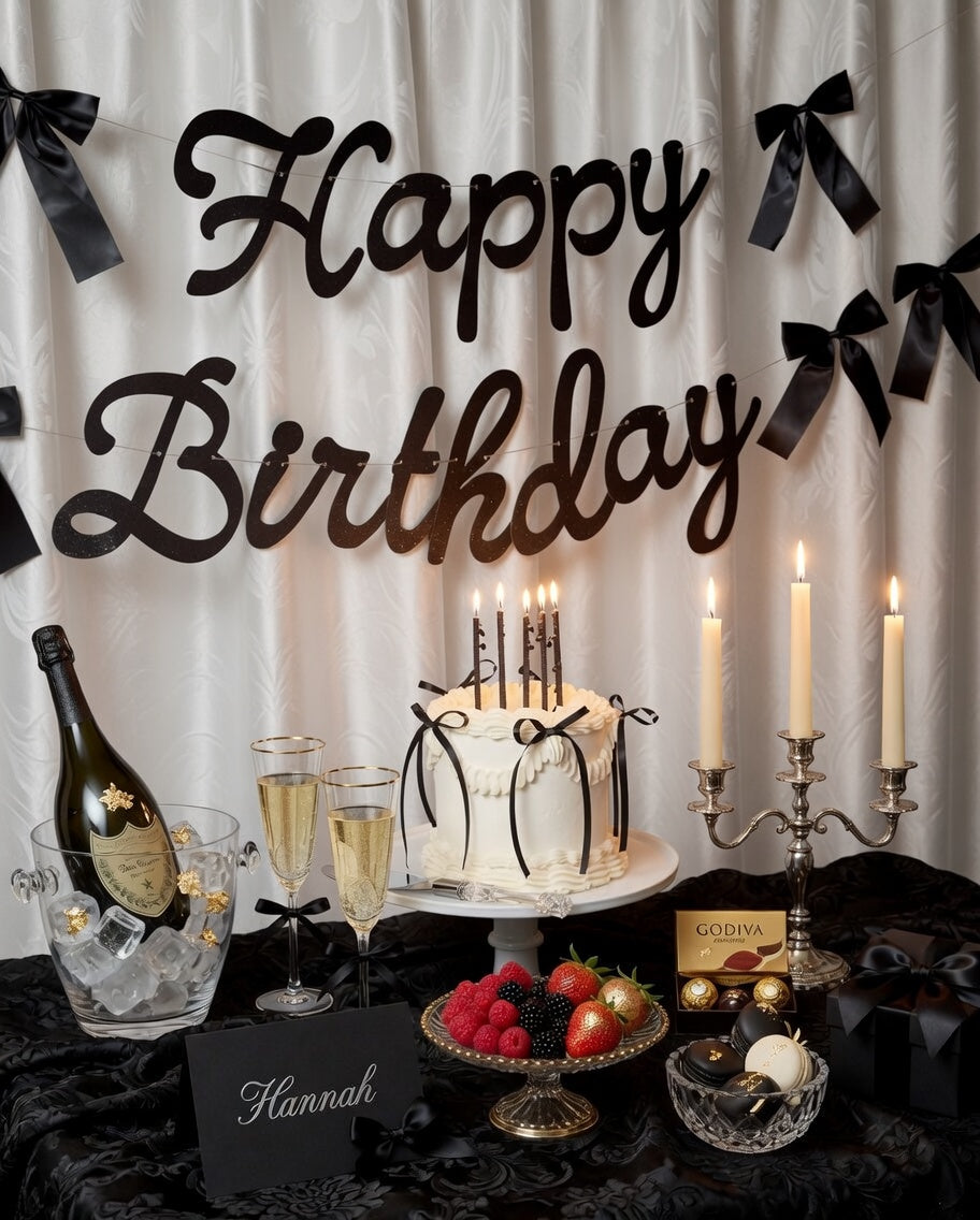 Happy Birthday Banner, Black Glitter + Satin Bows - 5.5 Ft. | Birthday Decorations, Coquette Bday Decor, 30th Party Sign, 21st Photo Booth Backdrop Vatoyum Balloons