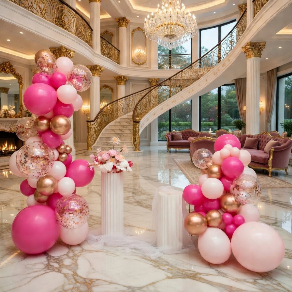 Rose, pink, and champagne-colored balloon arch wreath set, containing 146 bright pink, sequined, rose gold, soft pink, and white balloons. Suitable for graduation ceremonies, birthday parties, baby showers, and wedding decorations. Vatoyum Balloons