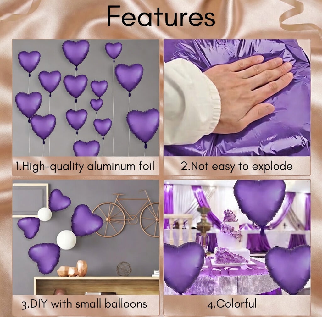 Purple Heart Balloon, 10PCS Purple Foil Heart Balloons, 18inch Metallic Purple Heart Shape Foil Balloons for Helium Birthday Party Decorations for Brithday Party, Valentines Day, Wedding, Anniversary Vatoyum Balloons
