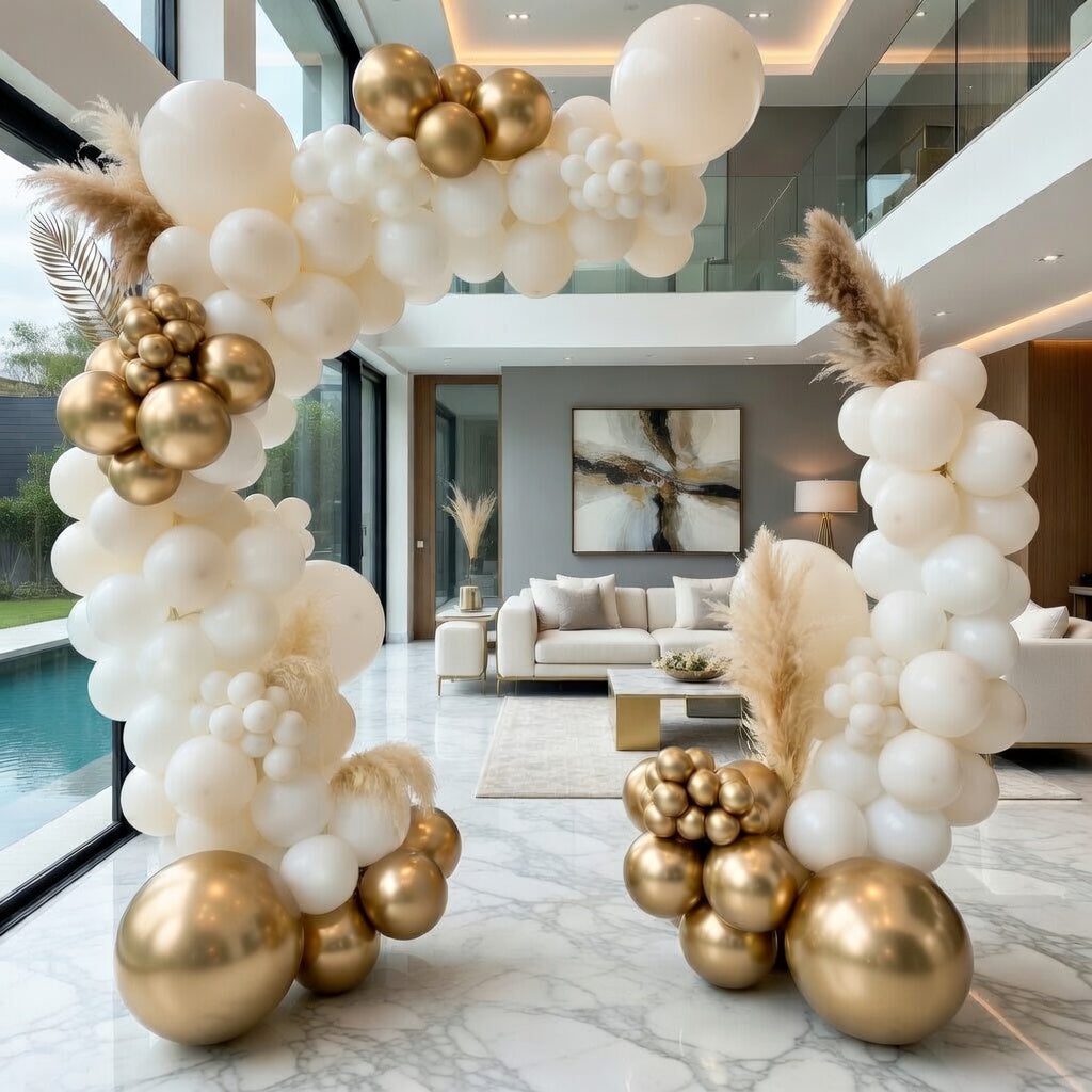 White Beach Gold Balloon Arch Decoration Set, containing 102 white, nude, and cream-colored balloons, paired with metallic chrome and gold sequined latex balloons. Suitable for weddings, baby showers, engagement ceremonies, and birthday decorations. Vatoyum Balloons