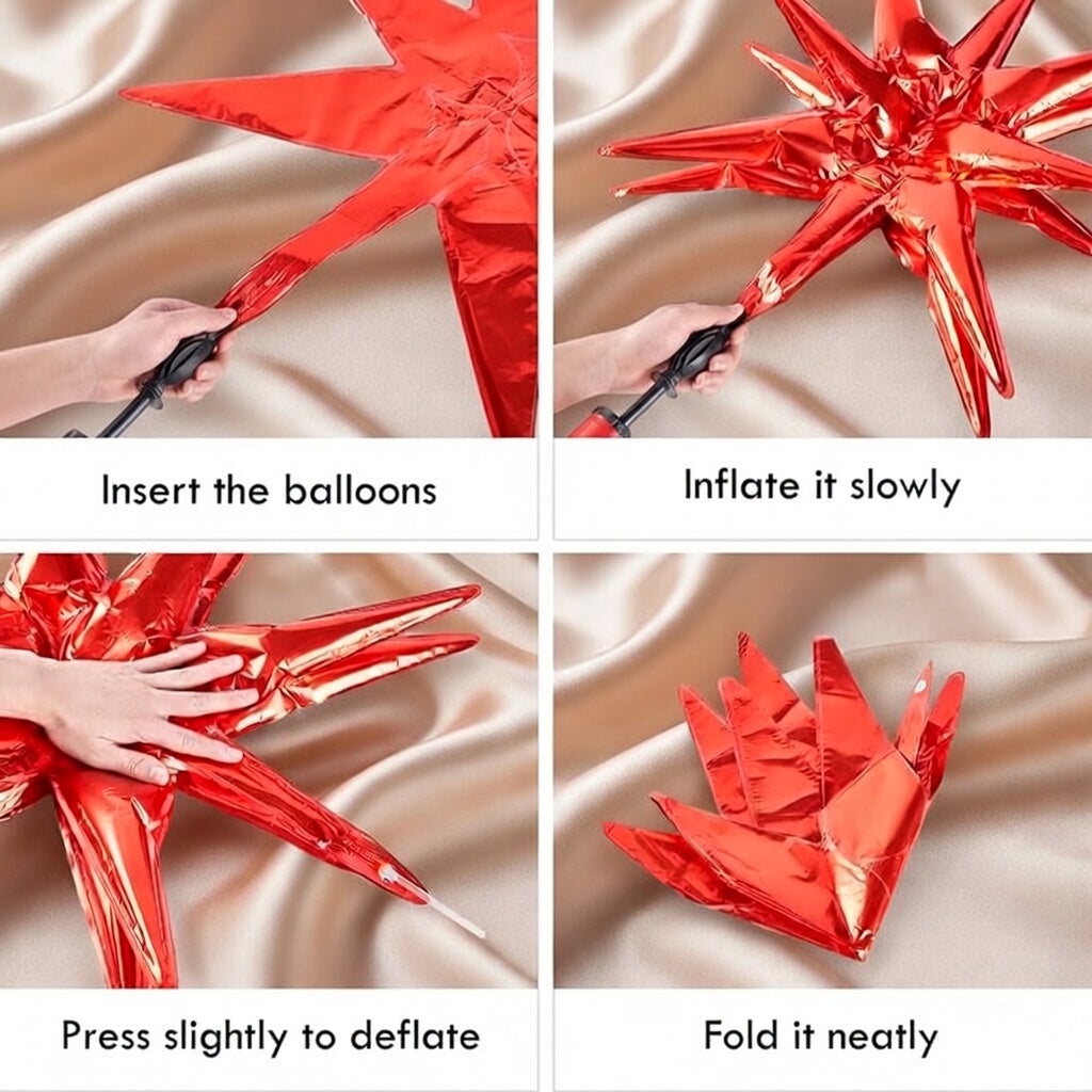 Six red star-shaped foil balloons. Various sizes available, 27-inch and 22-inch large explosive spiked foil balloons, suitable for graduation ceremonies, wedding anniversaries, birthdays, bachelor/bachelorette parties, and engagement party decorations. Vatoyum Balloons