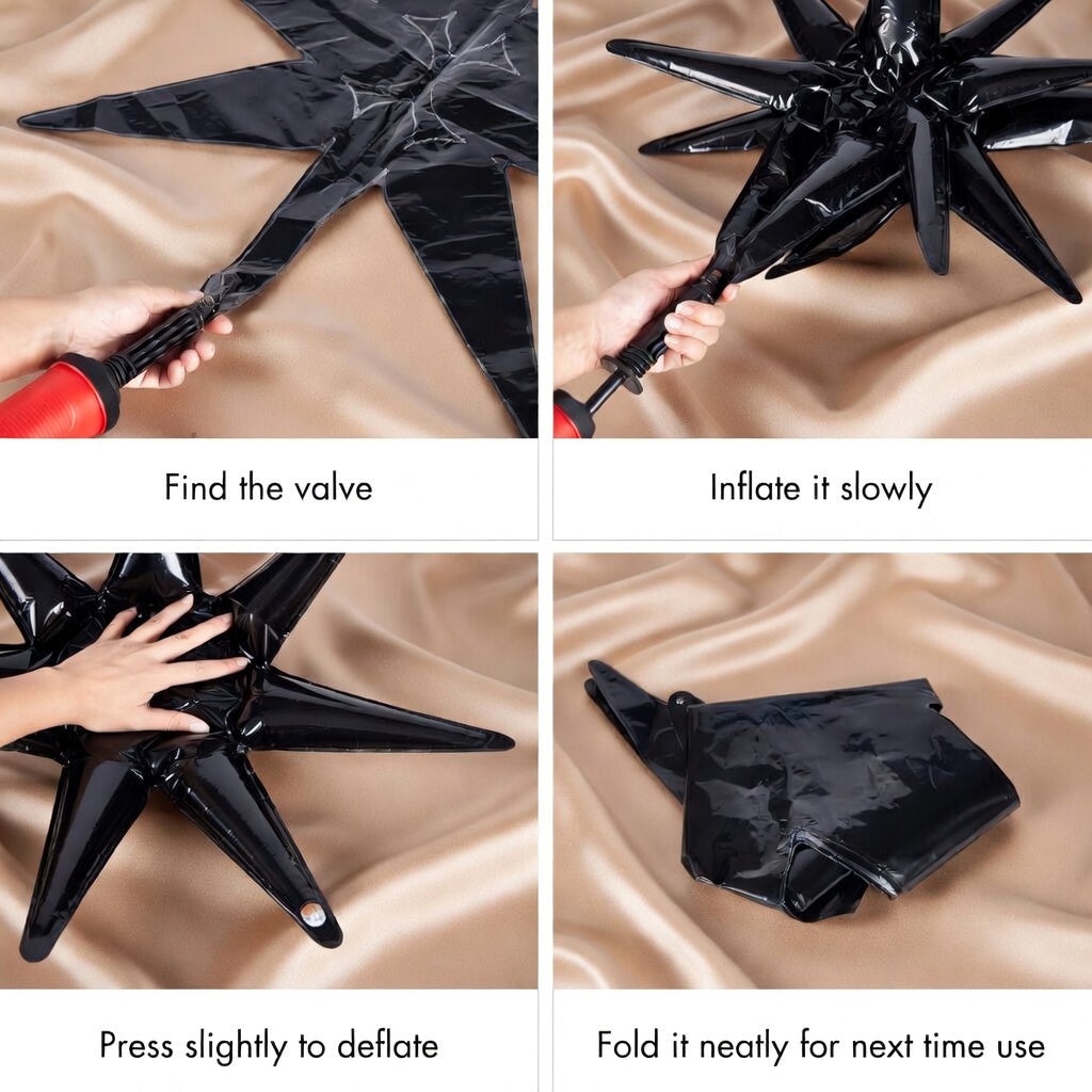 Six black star-shaped foil balloons. Various sizes available: 27-inch and 22-inch large black explosive spiked foil balloons, suitable for graduation ceremonies, birthdays, retirement anniversaries, and space-themed party decorations. Vatoyum Balloons