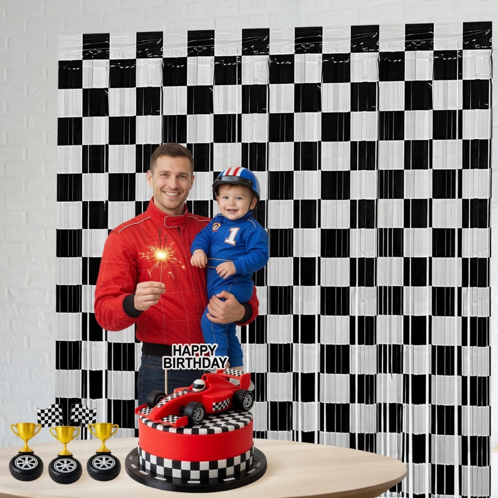 Racing Theme Foil Fringe Curtain Backdrop – Birthday Party Decorations (2-Pack) | 3.28 x 6.56 ft. Black & White Foil Fringe Curtains | Photo Booth Props | "Number One" Racing Birthday Party Decor Vatoyum Balloons