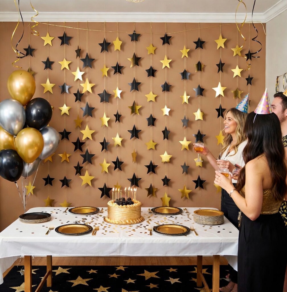 Glittering Star Wreath Banner 2026 Graduation Decorations 130-foot Star Hanging Banner Sparkling Background Birthday Classroom Wedding Supplies (Black, Gold) Vatoyum Balloons