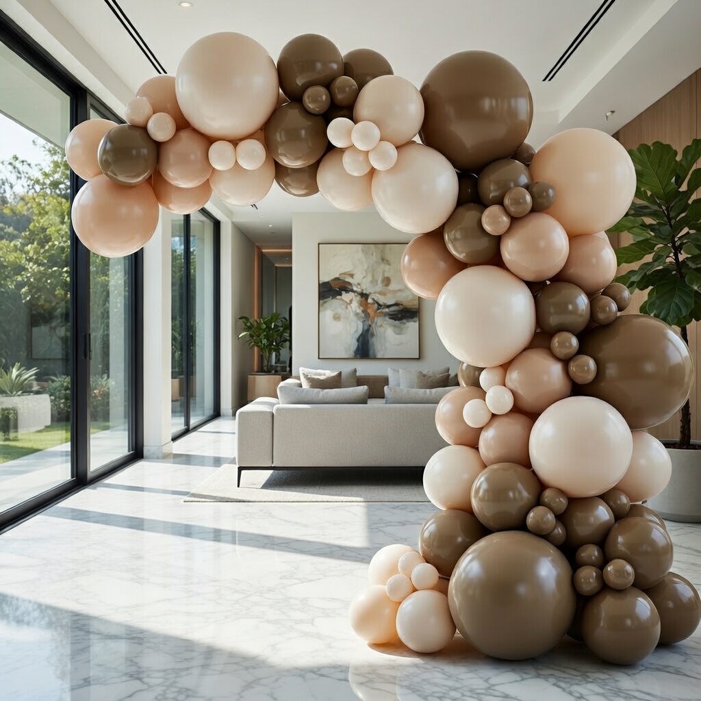 This 140-piece neutral-colored balloon arch set includes 5, 10, 12, and 18-inch balloons in brown, beige, nude, and light brown, suitable for birthday parties and neutral bear-themed baby shower decorations. Vatoyum Balloons