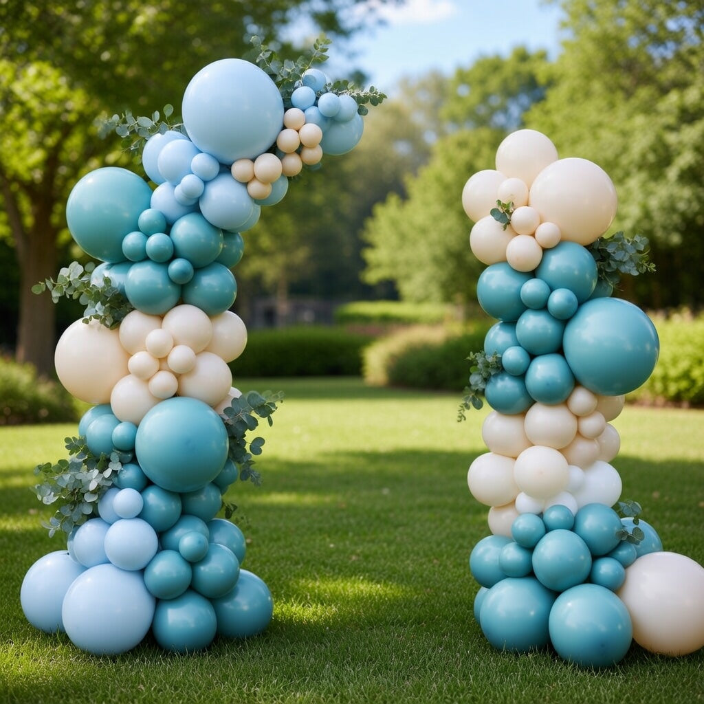 Light blue balloon arch set, a 124-piece blue and white balloon arch wreath set, including macaron blue, light blue, and sand white balloons, suitable for baby showers, bridal parties, and birthday party decorations. Vatoyum Balloons
