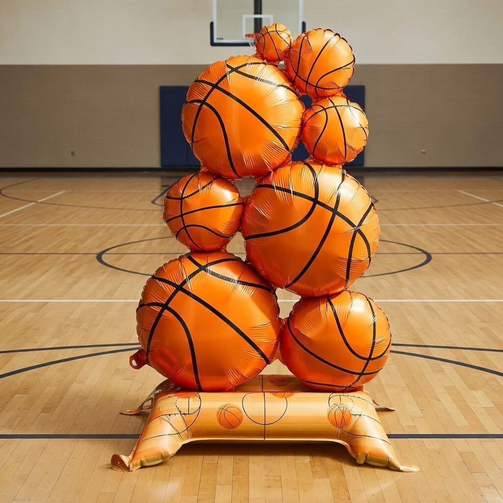 2 Pack Giant Self Standing Basketball Foil Balloons 3.5 ft with Field Base for Birthday Themed Party Decoration Sports Supplies Decor (Basketball Pile) Vatoyum Balloons