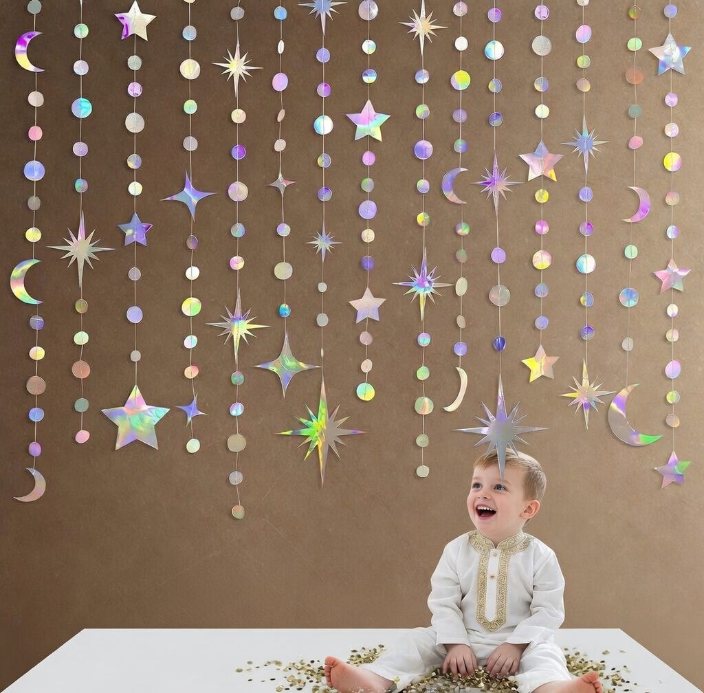 Iridescent Star Moon Circle Dot Garland Party Decoration Kit Hanging Crescent and Twinkle Little Star Streamer Bunting Banner for Kids First Birthday Ramadan EID Mubarak Baby Shower Wedding Decor Vatoyum Balloons