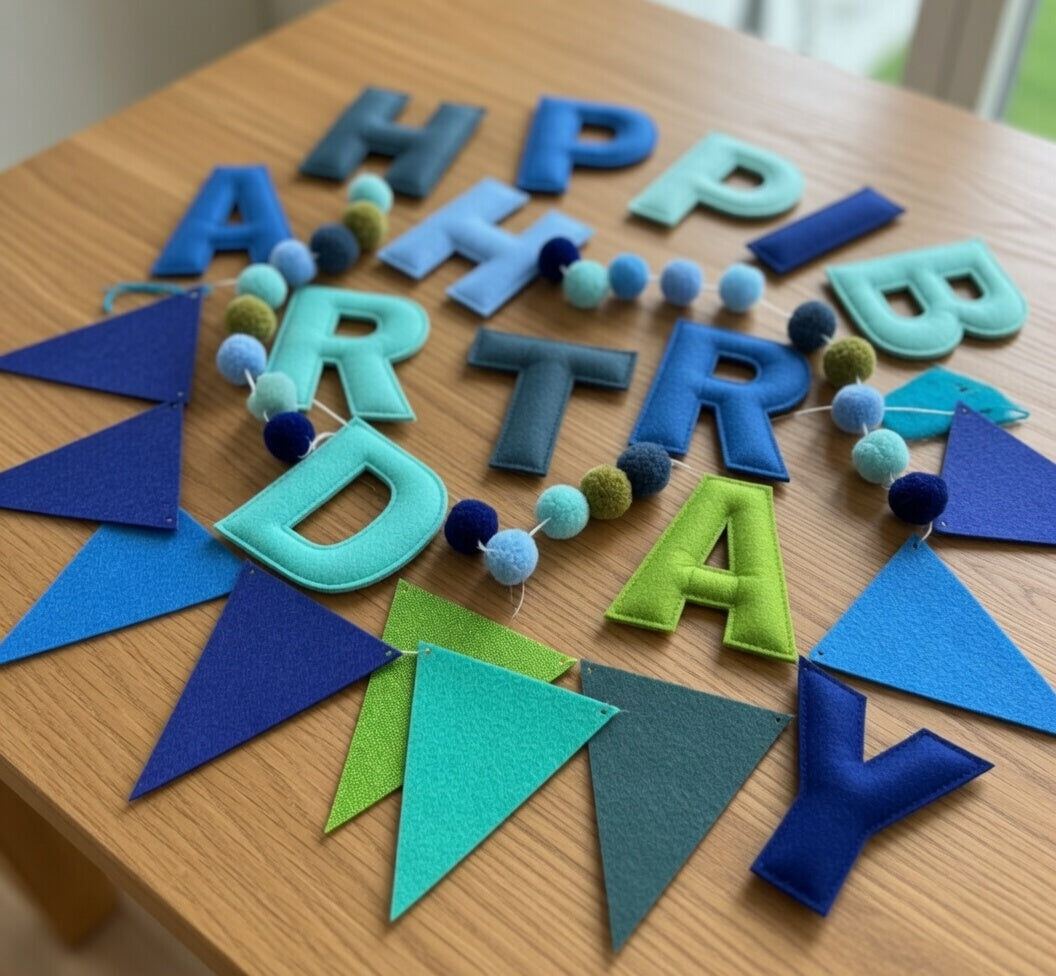 Pre-Strung 3D Rainbow Happy Birthday Banner, 3 PCS Happy Birthday Felt Sign, Pom Pom Garland, Triangle Fabric Bunting, Colorful Reusable Birthday Decorations for Women Men Girls Boys, Blue Vatoyum Balloons