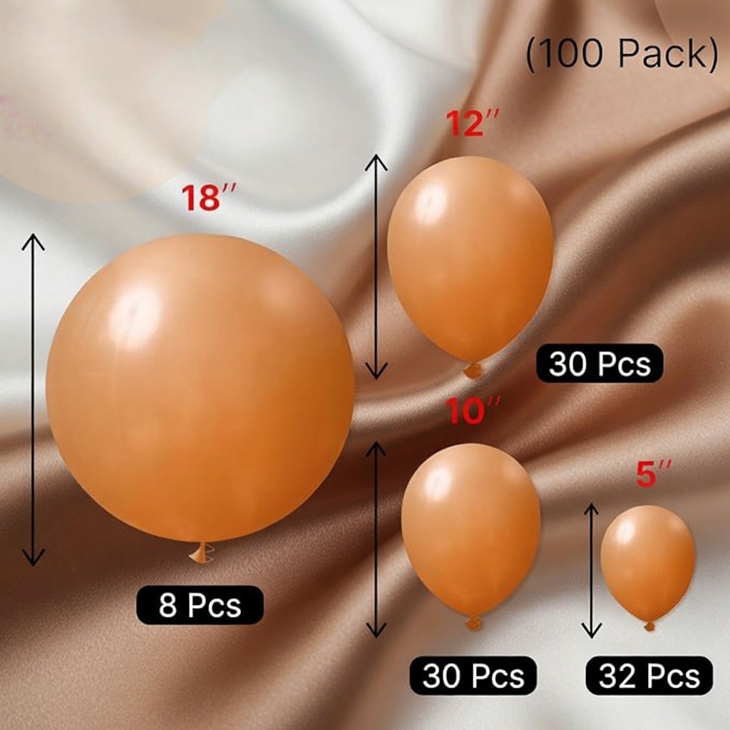 Light brown balloons, 100 balloons per pack, in different sizes (18, 12, 10, 5 inches), caramel brown, beige, bohemian, and neutral-colored latex balloon arch sets, suitable for birthday, wedding, and baby shower decorations. Vatoyum Balloons