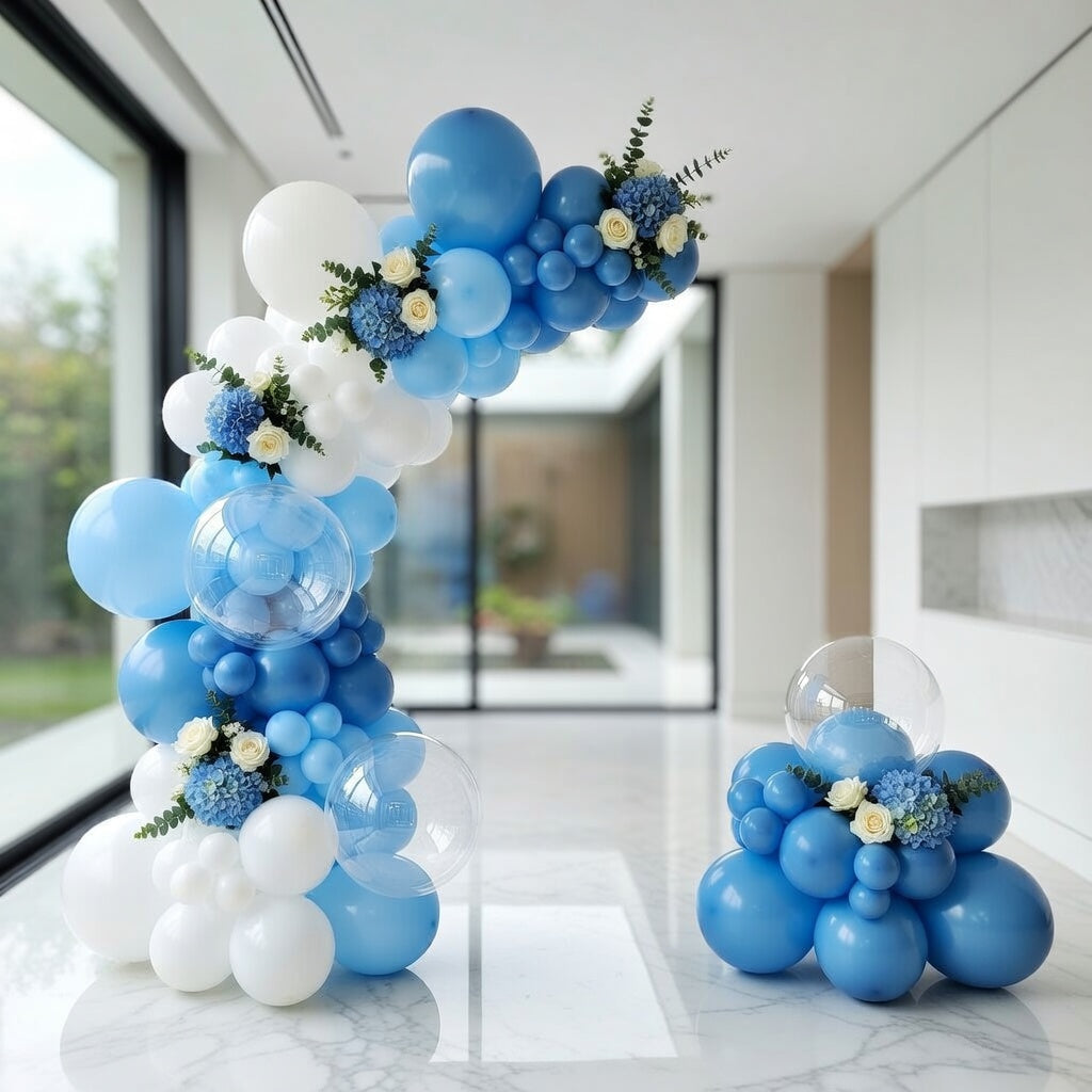 Light Blue Balloon Arch Set (126 Pieces): A light blue and white balloon arch and wreath set including macaron balloons, suitable for weddings, birthdays, baby showers, parties, and bridal decorations. Vatoyum Balloons