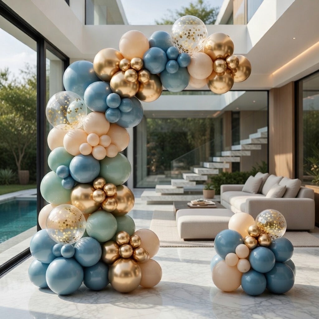 Dusty Blue Balloon Arch Kit Garland 142pcs Different Sizes of 18 12 10 5 Inch Light Baby Blue White Sand Gold Confetti Boho Balloons for Baby Shower Gender Reveal Birthday Party Decorations Vatoyum Balloons