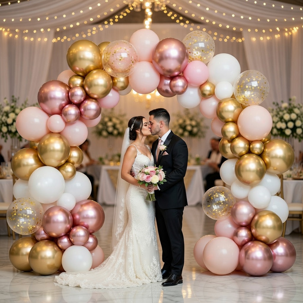 Rose Gold Balloon Garland Kit, Nude Pastel Pink Metallic Gold Matte White Balloons Gold and Rose Gold Confetti Balloons for Valentines Day Wedding Bridal Shower Party Girl Birthday Decorations Vatoyum Balloons