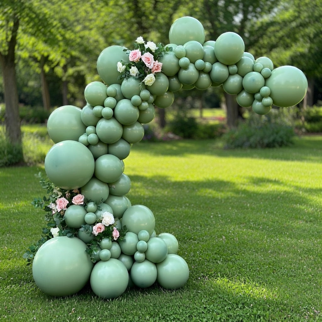 114 sage green balloons in different sizes, 18, 12, 10, and 5-inch matte olive green balloon arch set, suitable for forest-themed baby showers, jungle birthday parties, and wedding decorations. Vatoyum Balloons