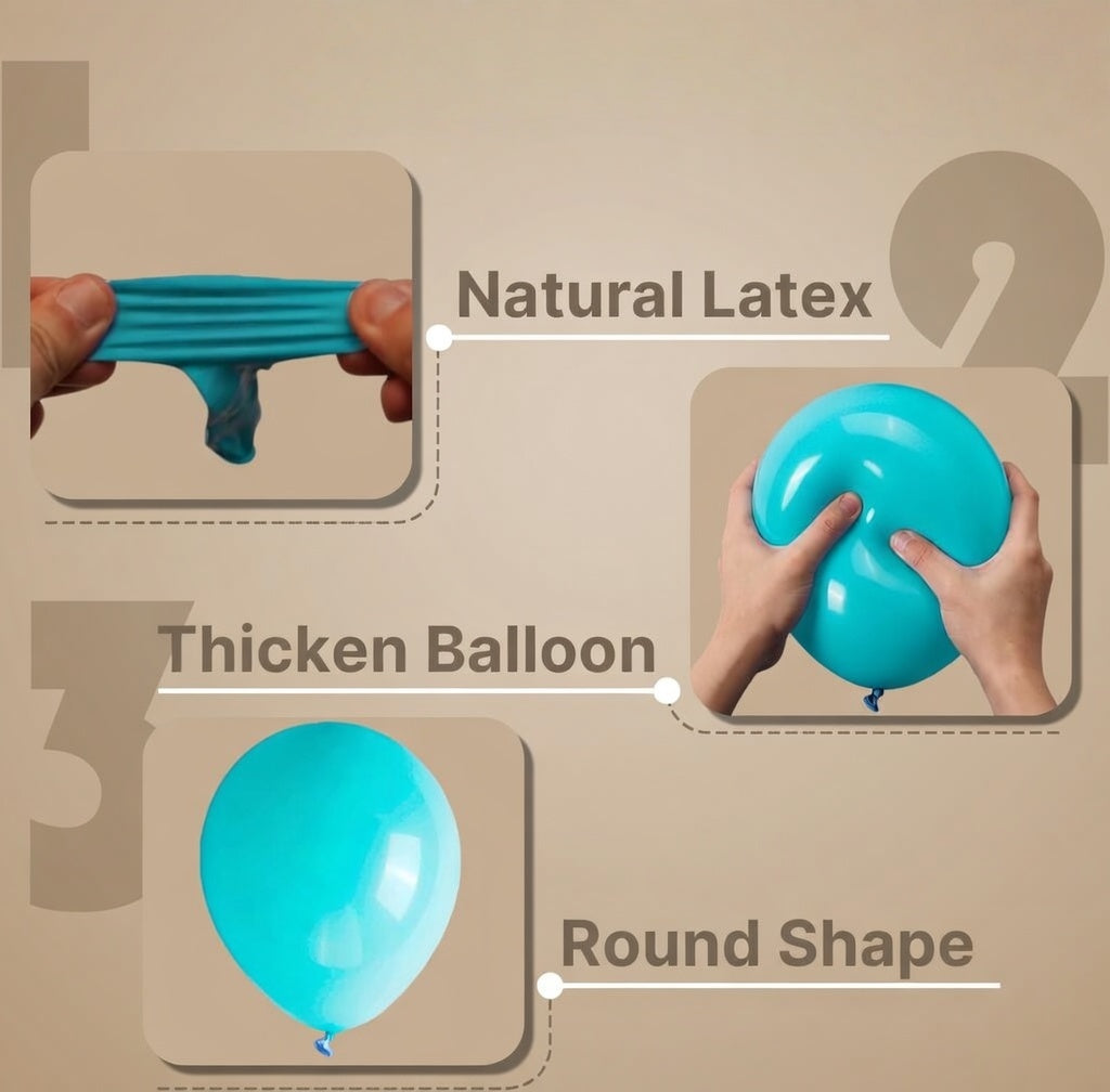 120 different sizes of blue-green balloons, 18-inch, 12-inch, 10-inch and 5-inch combination packs, suitable for baby showers, graduation ceremonies, mermaid-themed birthday parties, pool parties and other decorations. Vatoyum Balloons