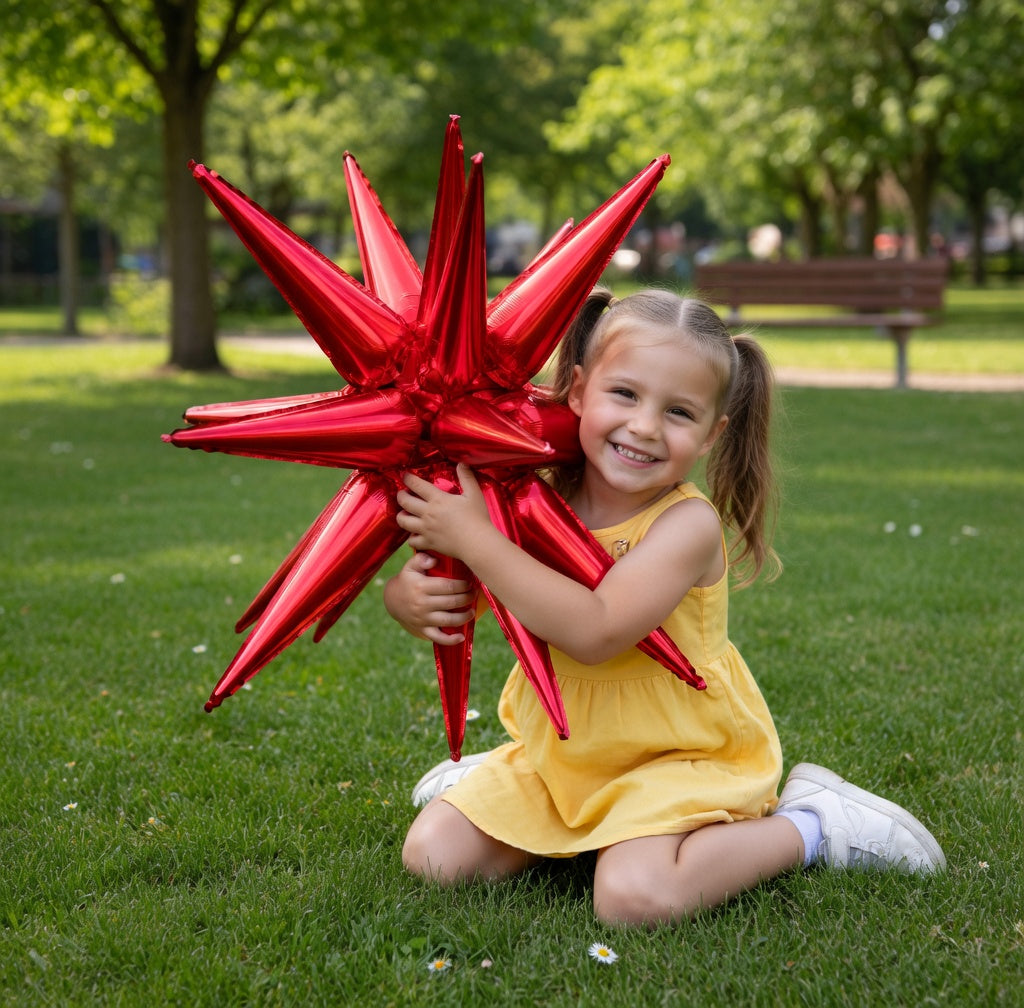 Six red star-shaped foil balloons. Various sizes available, 27-inch and 22-inch large explosive spiked foil balloons, suitable for graduation ceremonies, wedding anniversaries, birthdays, bachelor/bachelorette parties, and engagement party decorations. Vatoyum Balloons