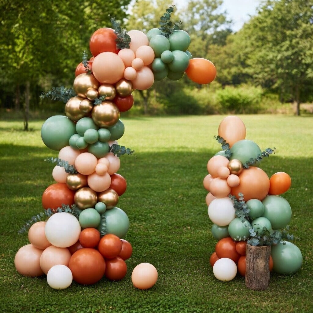 Orange and green balloon arch set, 124 sage green, orange, nude, gold, and white balloons, suitable for birthday parties, bridal showers, weddings, gender reveal parties, and cute baby party decorations. Vatoyum Balloons