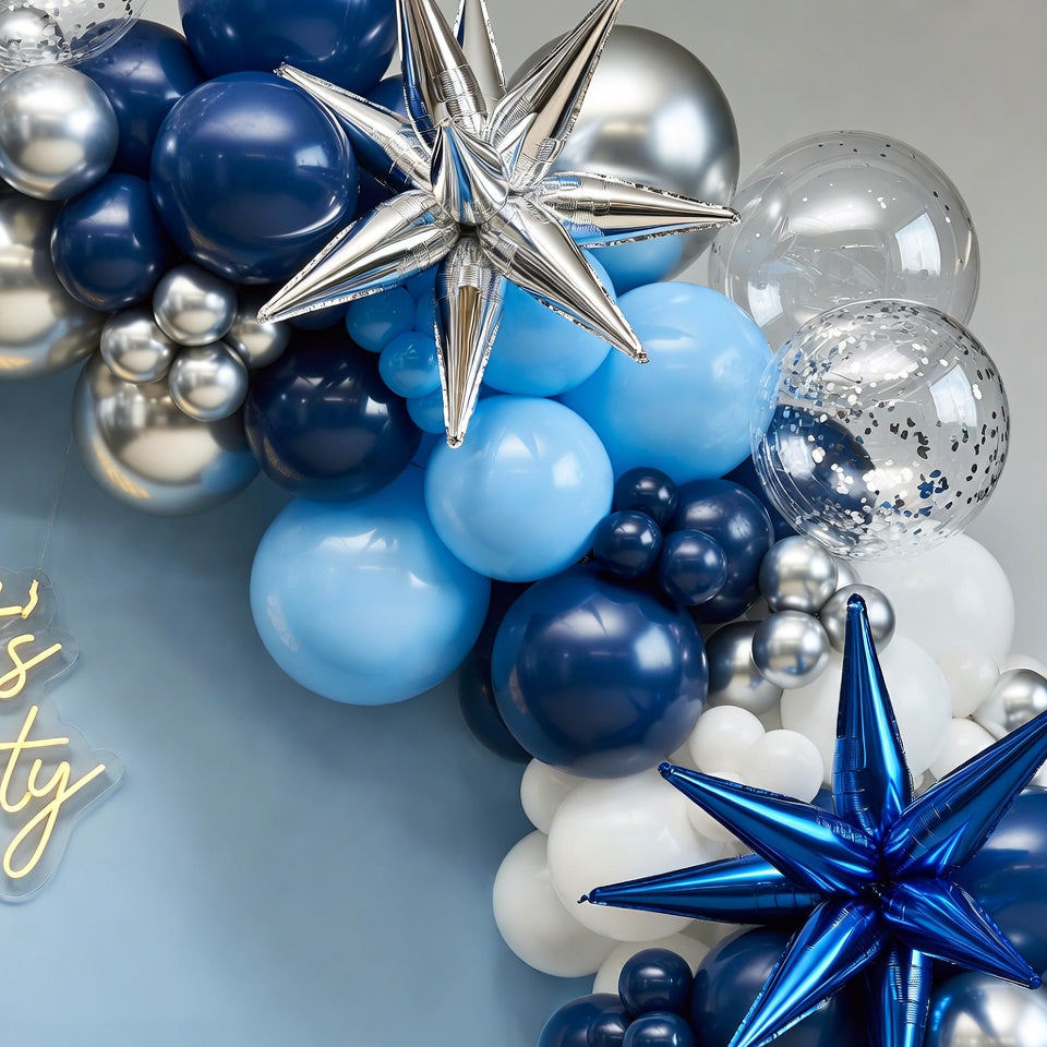 Blue, white, and silver balloon arch set, containing 140 navy blue, light metallic blue, and silver confetti balloons with star patterns. Suitable for birthday parties, weddings, baby showers, graduations, and party decorations. Vatoyum Balloons