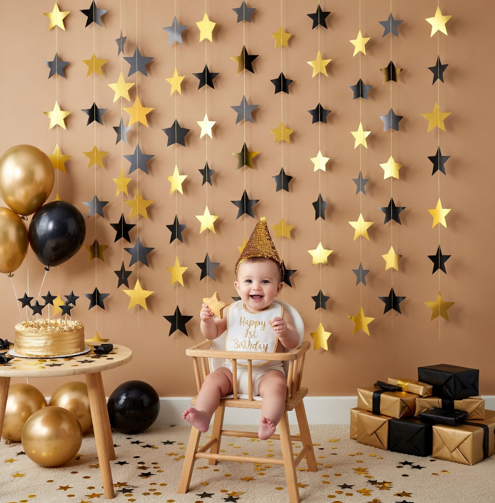 Glittering Star Wreath Banner 2026 Graduation Decorations 130-foot Star Hanging Banner Sparkling Background Birthday Classroom Wedding Supplies (Black, Gold) Vatoyum Balloons