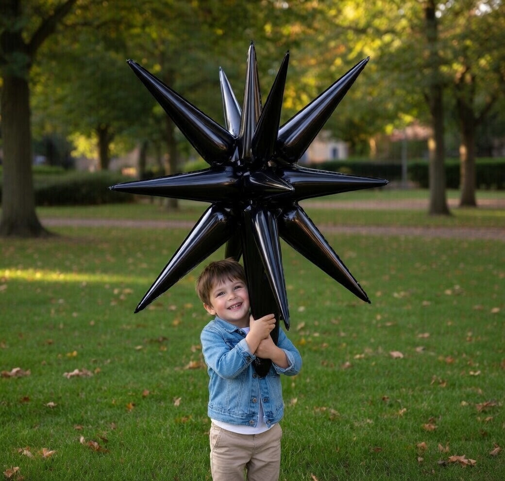 Six black star-shaped foil balloons. Various sizes available: 27-inch and 22-inch large black explosive spiked foil balloons, suitable for graduation ceremonies, birthdays, retirement anniversaries, and space-themed party decorations. Vatoyum Balloons