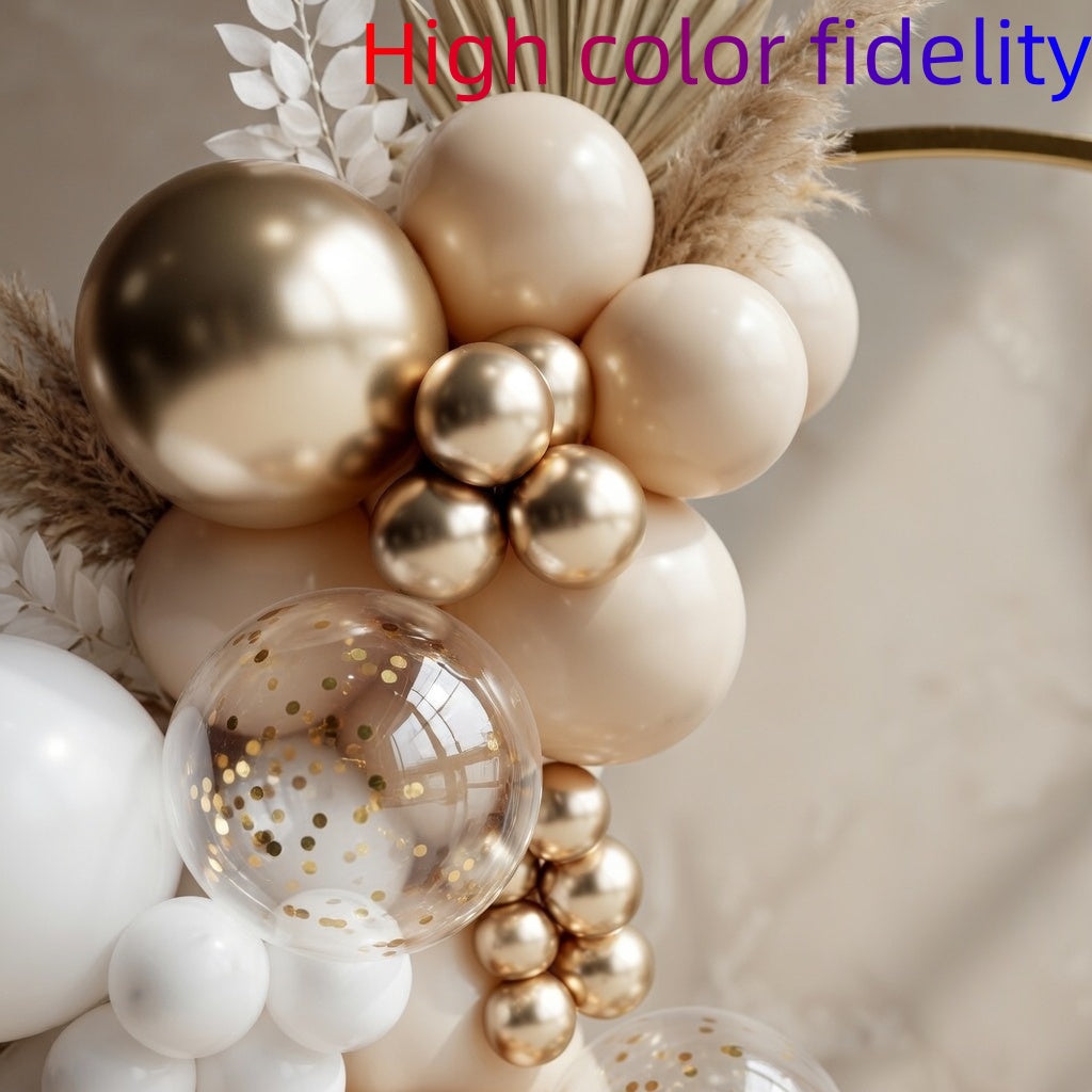 White Beach Gold Balloon Arch Decoration Set, containing 102 white, nude, and cream-colored balloons, paired with metallic chrome and gold sequined latex balloons. Suitable for weddings, baby showers, engagement ceremonies, and birthday decorations. Vatoyum Balloons