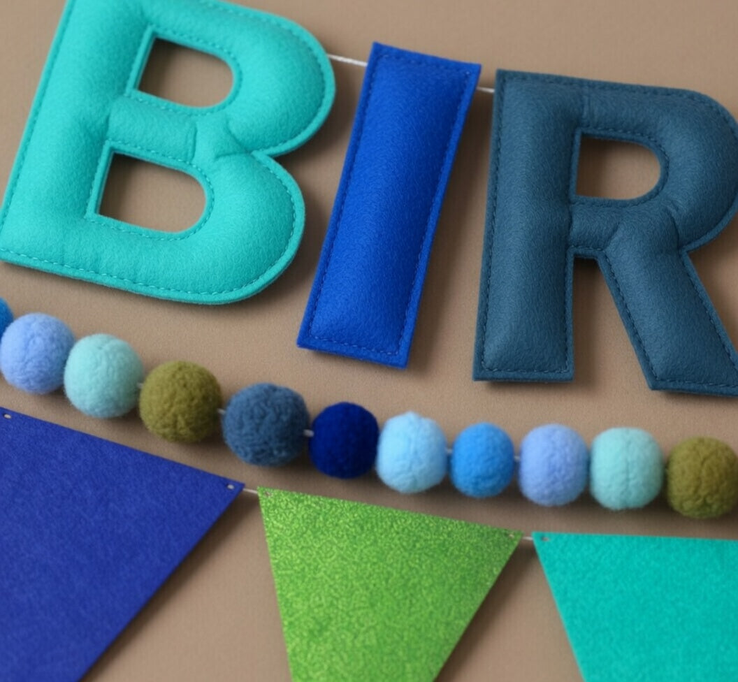 Pre-Strung 3D Rainbow Happy Birthday Banner, 3 PCS Happy Birthday Felt Sign, Pom Pom Garland, Triangle Fabric Bunting, Colorful Reusable Birthday Decorations for Women Men Girls Boys, Blue Vatoyum Balloons