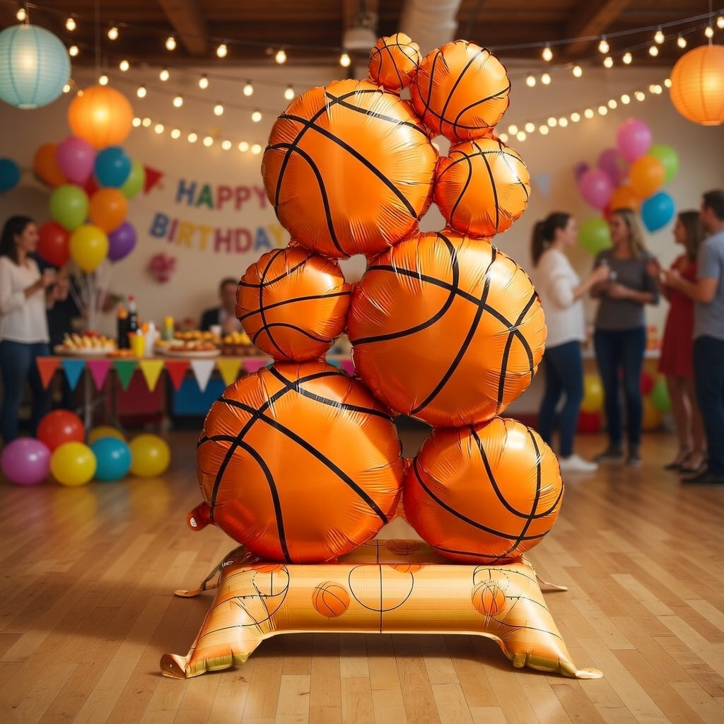 2 Pack Giant Self Standing Basketball Foil Balloons 3.5 ft with Field Base for Birthday Themed Party Decoration Sports Supplies Decor (Basketball Pile) Vatoyum Balloons
