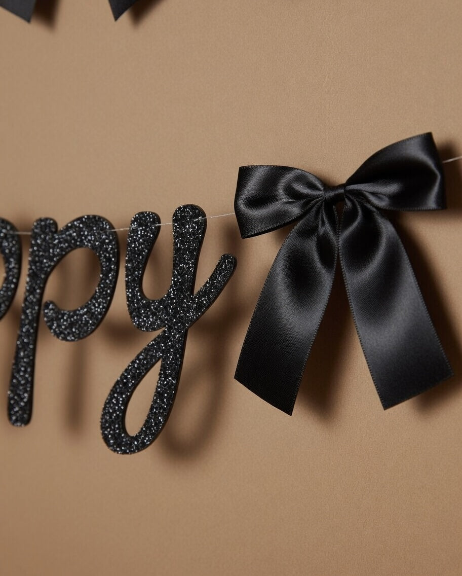 Happy Birthday Banner, Black Glitter + Satin Bows - 5.5 Ft. | Birthday Decorations, Coquette Bday Decor, 30th Party Sign, 21st Photo Booth Backdrop Vatoyum Balloons
