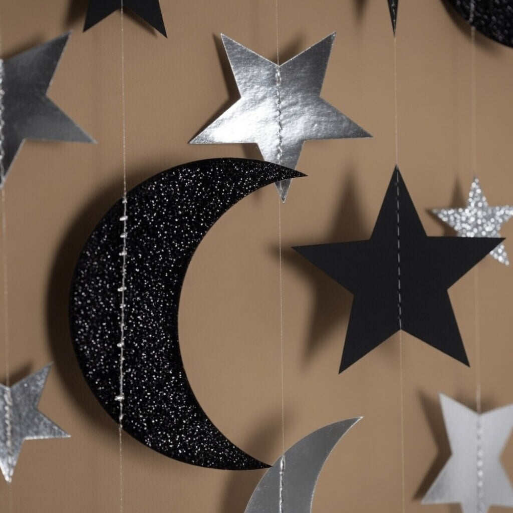 Black Silver Moon Garland Twilight Birthday Decoration Star Streamer Gothic Party Decor Garland Ramadan Eid Mubarak Glitter Banner Celestial Wedding Baby Shower Halloween Summerween Decor Vatoyum Balloons