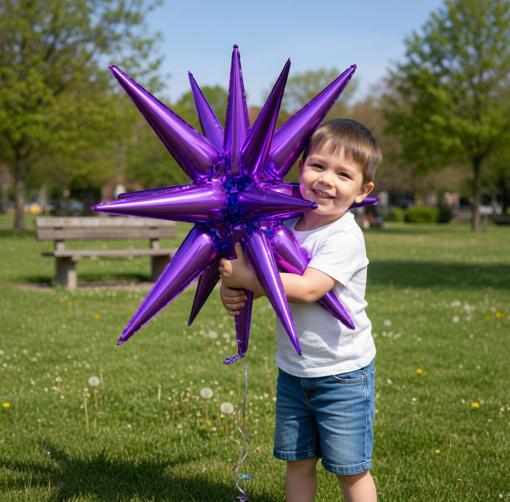 Purple Star Foil Balloons, 6-pack. Available in various sizes: 27 and 22 inches. Large lavender-colored bursting spiked foil balloons, perfect for birthday parties, anniversaries, engagements, and themed party decorations. Vatoyum Balloons