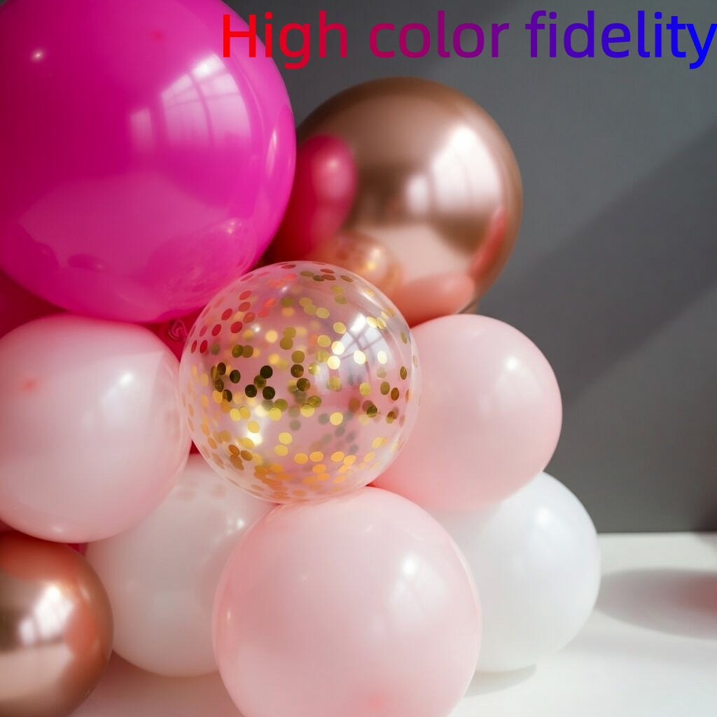 Rose, pink, and champagne-colored balloon arch wreath set, containing 146 bright pink, sequined, rose gold, soft pink, and white balloons. Suitable for graduation ceremonies, birthday parties, baby showers, and wedding decorations. Vatoyum Balloons
