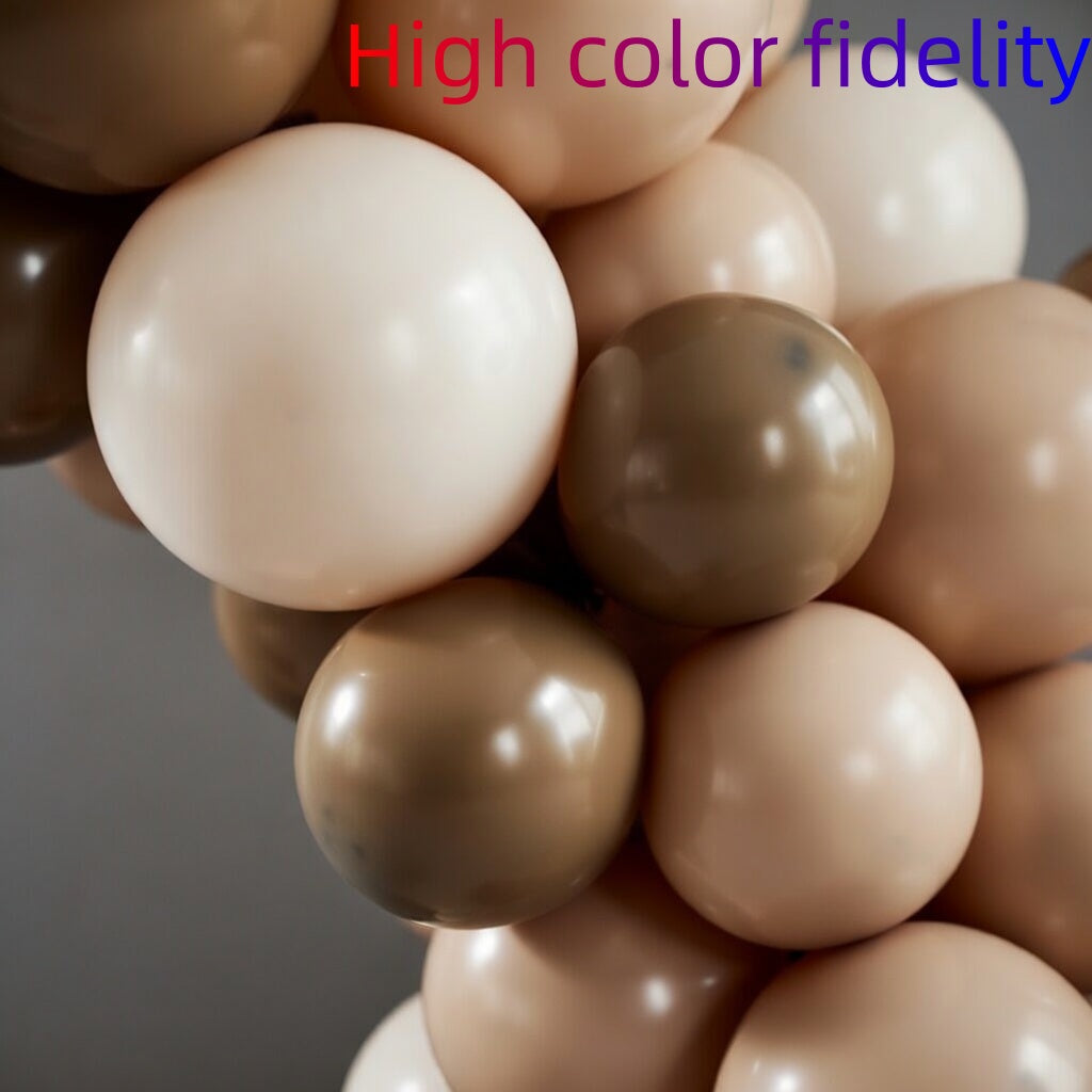 This 140-piece neutral-colored balloon arch set includes 5, 10, 12, and 18-inch balloons in brown, beige, nude, and light brown, suitable for birthday parties and neutral bear-themed baby shower decorations. Vatoyum Balloons