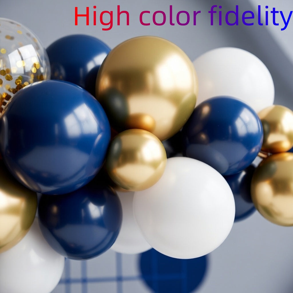 Navy Blue and Gold Balloon Wreath Set, containing 120 navy blue and gold sequined white balloons, perfect for creating DIY decorative arches for graduation ceremonies, birthday parties, baby showers, and more. Vatoyum Balloons
